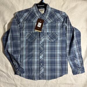 Ariat Shirt Blue Gray Plaid Omar Retro Fit Western Snap Front Long Sleeve M NWT